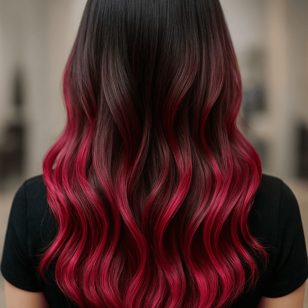 Kräftige Magenta-Balayage auf dunklem Haar — Farbarbeit von Salon Marlen